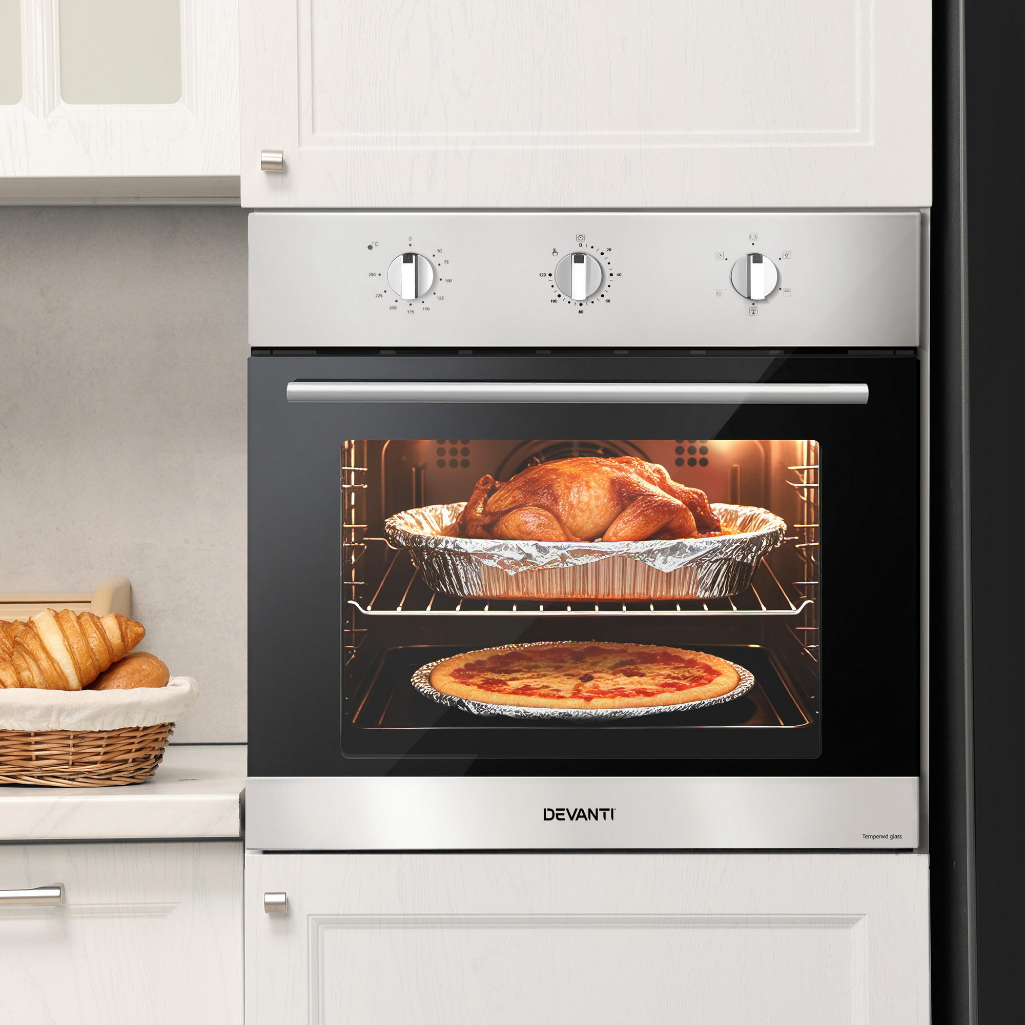 Devanti 60cm Electric Built in Wall Oven Stainless Steel 70L Silver BIO-C-5F-M7B-SS