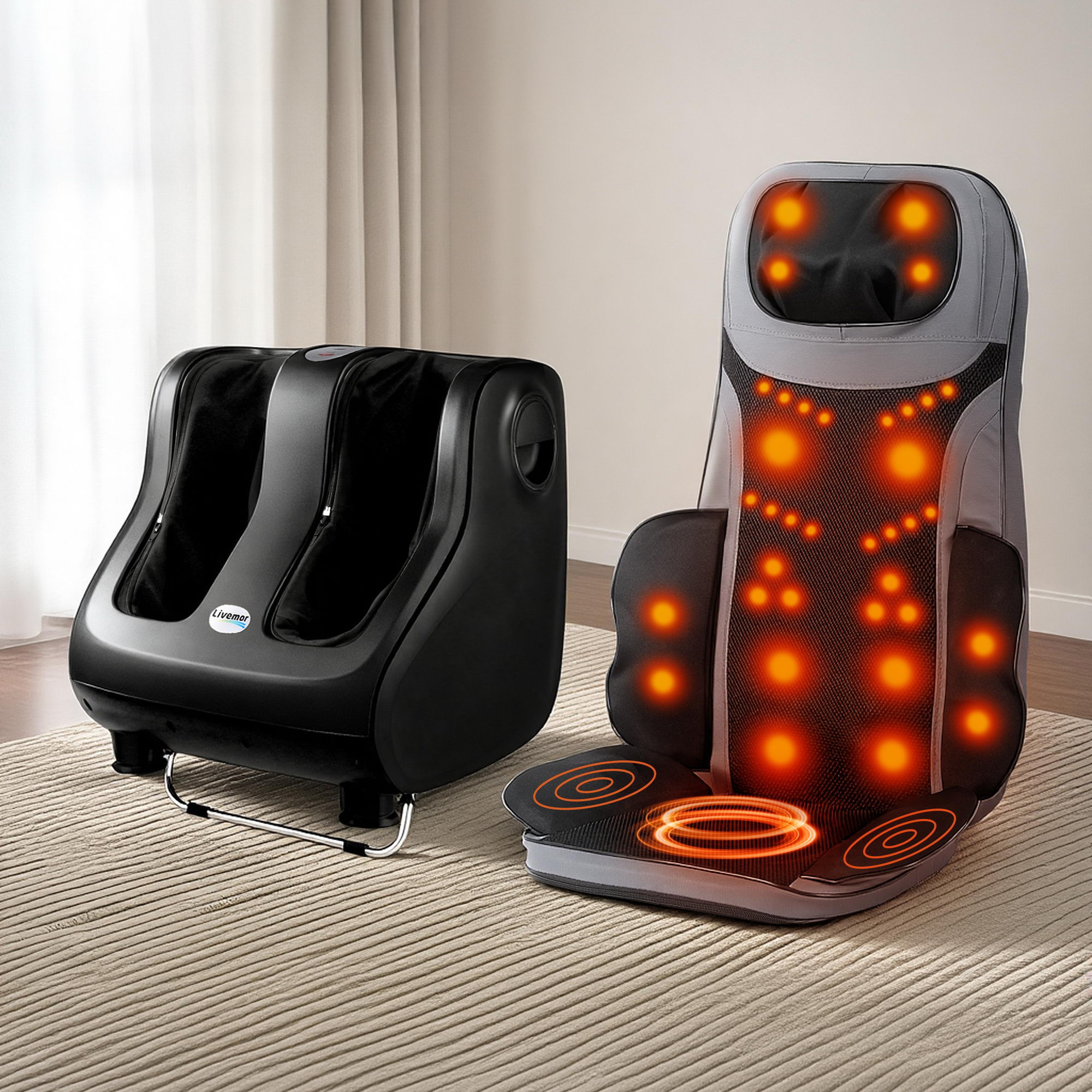 Livemor Full Back Massage Seat Cushion Heating With 360° Foot Massagers MASSAGE-288-BARON-BK