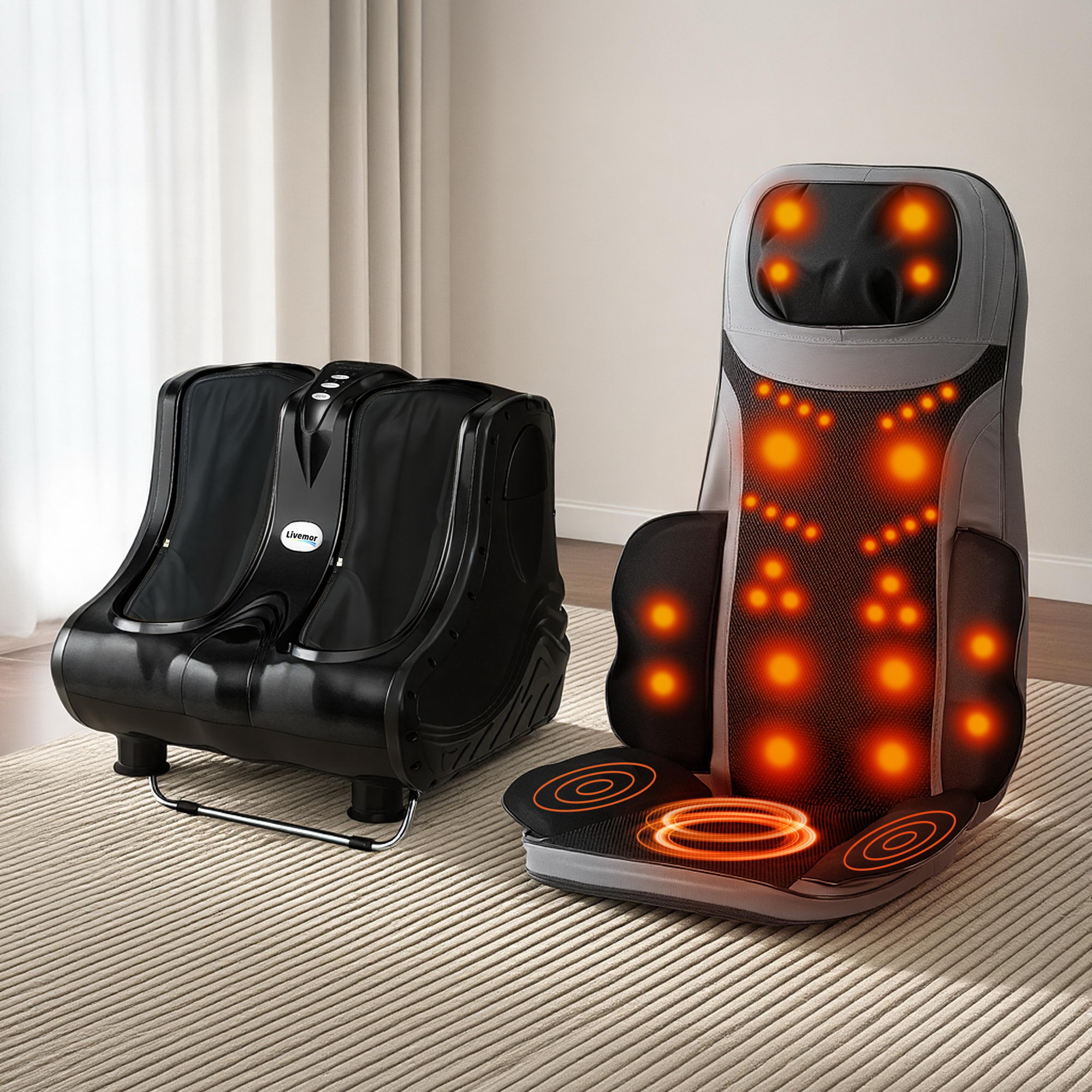 Livemor Massage Cushion Heating Massage Seats with Calf Foot Massager MASSAGE-LF03-BARON-BK