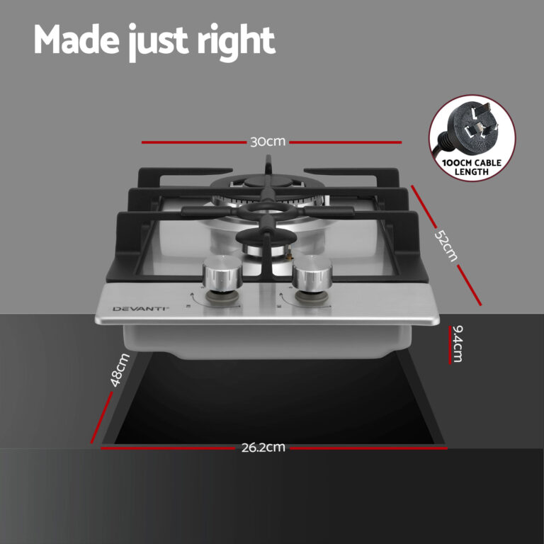 Devanti Gas Cooktop 30cm 2 Burner Silver CT-GAS-2B-C-SS