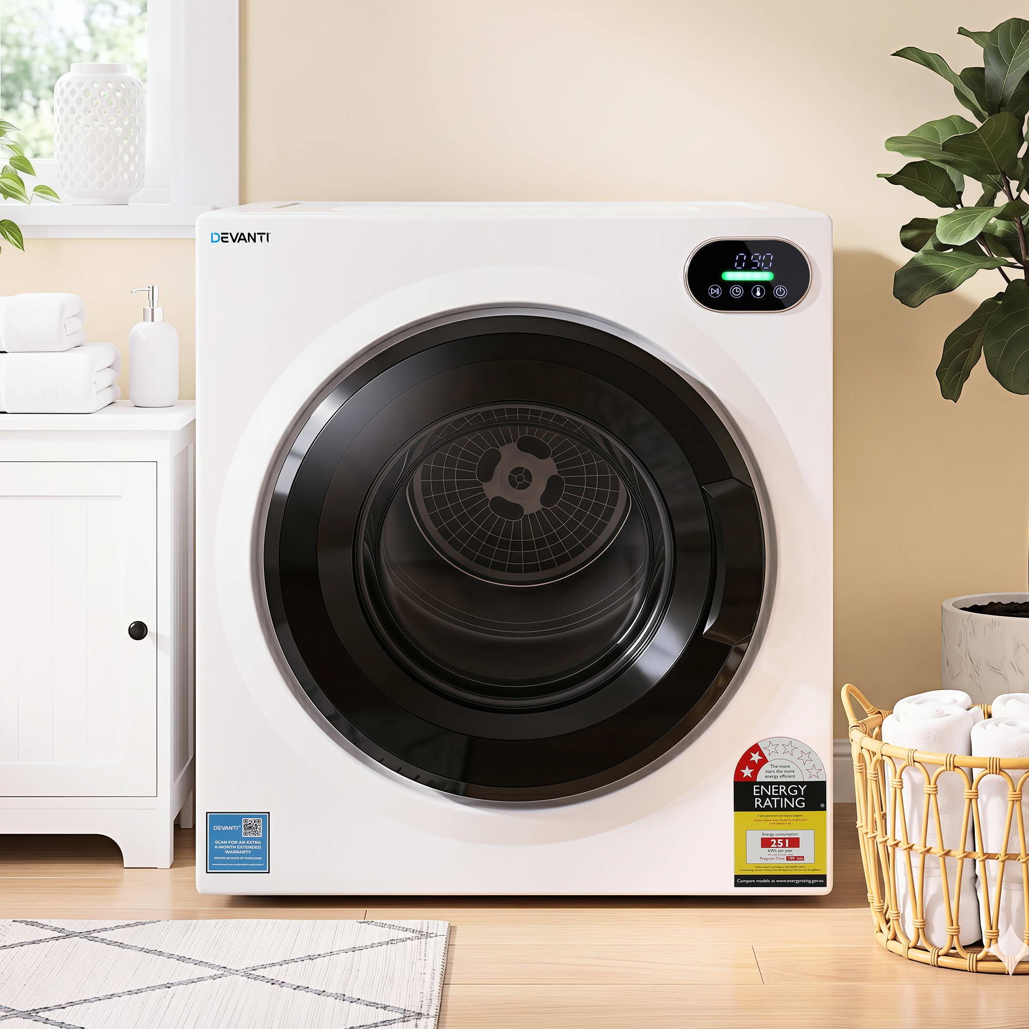 Devanti 6kg Tumble Dryer Intelligent Touch Screen Clothes Dryer TD-D-6KG-WH