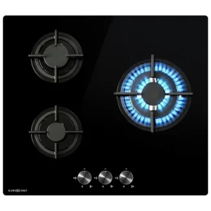 EUROCHEF 60cm 3 Burner Gas Cooktop with Wok Burner Tempered Glass Natural Gas & LPG Black COKGCTEC63KA