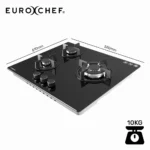 EUROCHEF 60cm 3 Burner Gas Cooktop with Wok Burner Tempered Glass Natural Gas & LPG Black COKGCTEC63KA