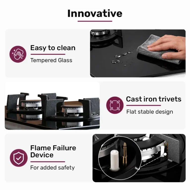 EUROCHEF 60cm 3 Burner Gas Cooktop with Wok Burner Tempered Glass Natural Gas & LPG Black COKGCTEC63KA