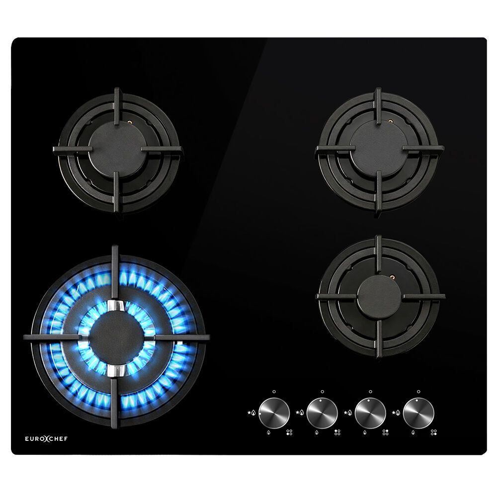 EUROCHEF 60cm 4 Burner Gas Cooktop with Wok Burner Tempered Glass Natural Gas & LPG Black COKGCTEC64KA