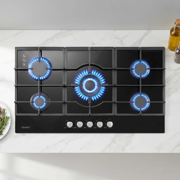 Devanti 90cm Gas Cooktop 5 Burner LPG NG Tempered Glass Hob Black CT-GAS-5B-L-BK