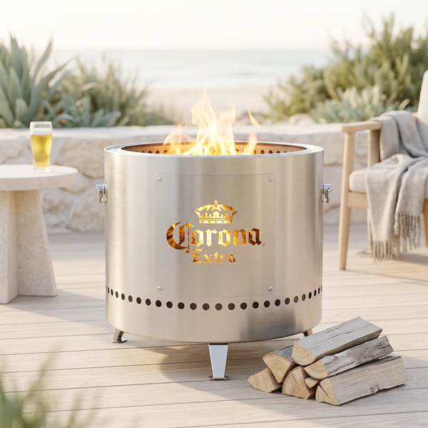 Licenced CORONA Stainless Steel Fire Pit - Dual Skinned Less Smoke Design - Model SK-PIT49-CORONA with slide out Ash Tray and comes with Carry Bag.