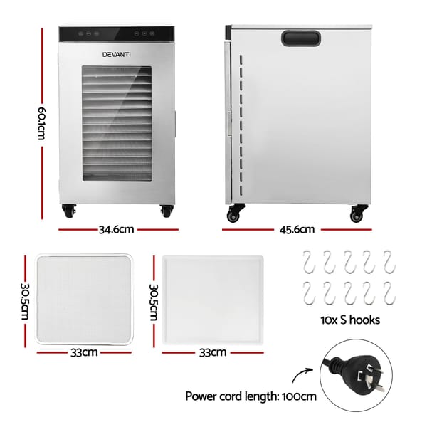 Devanti Food Dehydrator Stainless Steel Fruit Dryer 16 Tray Silver FD-E-500R-16T-SS