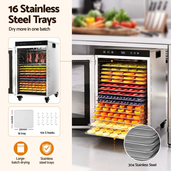 Devanti Food Dehydrator Stainless Steel Fruit Dryer 16 Tray Silver FD-E-500R-16T-SS