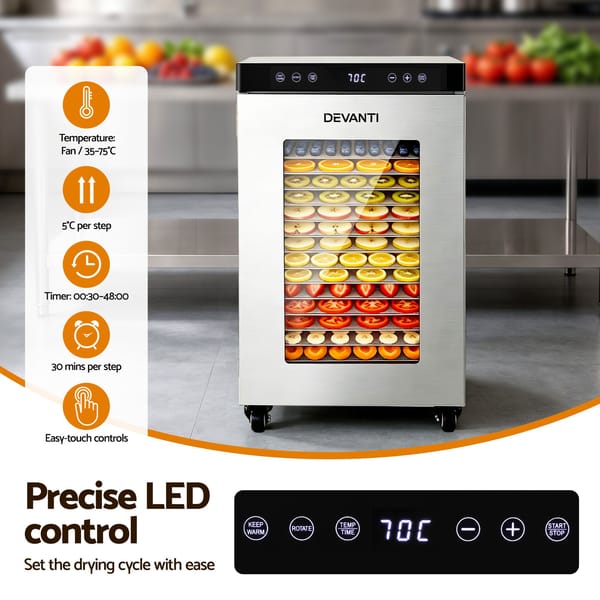 Devanti Food Dehydrator Stainless Steel Fruit Dryer 16 Tray Silver FD-E-500R-16T-SS