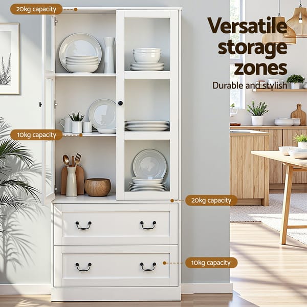 Artiss Buffet Sideboard 180cm Hutch Storage Cabinet Kitchen Drawer Door White FUR-C-GLASS-SID180-WH-ABC
