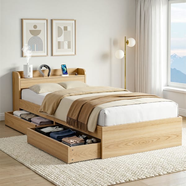 Artiss Single Bed Frame with 2 Storage Drawers USB Ports Sturdy Wooden Slat Natural WBED-F-AURA-S-WD-AB