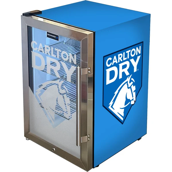 Carlton Dry MID Blue Tropical Glass Door Mini Bar Fridge - 80 Cans Left Hinged EC68L-SSH-DRY-MID
