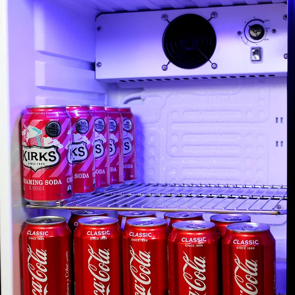 Carlton Dry MID Blue Tropical Glass Door Mini Bar Fridge - 80 Cans Left Hinged EC68L-SSH-DRY-MID