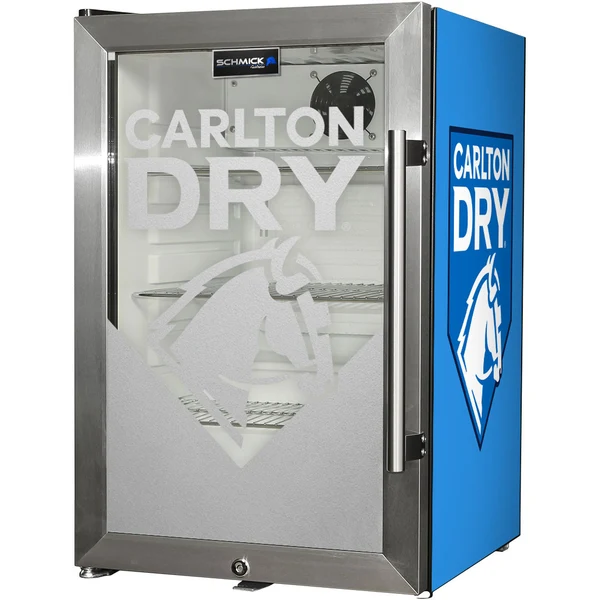 Carlton Dry MID Blue Tropical Glass Door Mini Bar Fridge - 80 Cans Left Hinged EC68L-SSH-DRY-MID