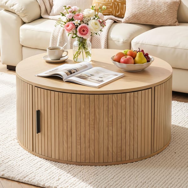 Artiss Round Coffee Table Storage Fluted Center Table Living Room Office 80cm Wood FUR-U-COF-11-WD