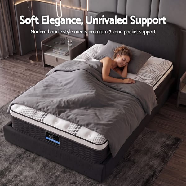 Giselle 32cm Euro Top King Single Mattress 5-Zone and Artiss Boucle Bed Frame Set MABF-0907-DARA-BK-KS