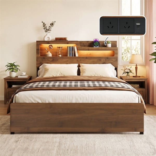 Artiss Double Bed Frame Metal with Charging Station LED Light Storage Shelf MBED-D-ROCK-D-WD-AB