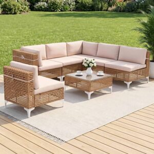 Gardeon 6 Seater Outdoor Sofa Set 7PCS Table Chair Set Garden Rattan Patio Furniture ODF-SOFA-7PCS-RATTAN-BE-ABC