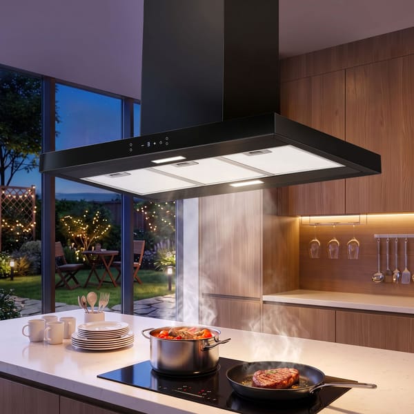 Devanti 90cm Island Rangehood Ceiling-Mounted 3-Speed Touch Control LED Black RH-ISL-90-BK
