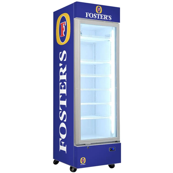 Fosters Lager Branded Design - Upright Quiet Running Glass Door Bar Fridge SC372W-FOSTERS