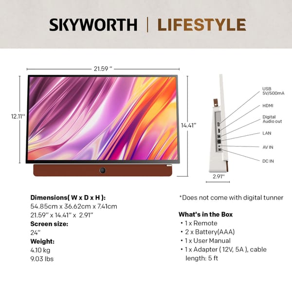 SKYWORTH 24-Inch 12V Portable TV 1080P FHD Wide Viewing Angle Smart Google TV 24LP60G features HDR10, Dolby Audio, Bluetooth. FREE Delivery