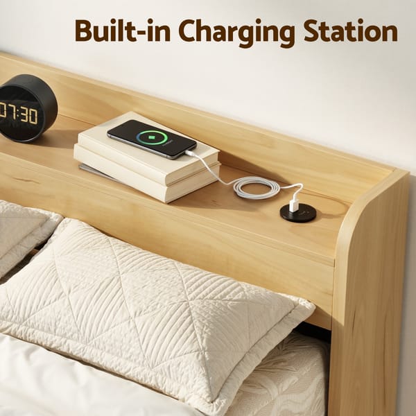 Artiss King Single Bed Frame with 2 Drawers Platform Bed with Headboard Bed Base with USB Ports Natural WBED-F-AURA-KS-WD-AB