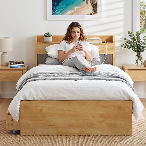 Artiss King Single Bed Frame with 2 Drawers Platform Bed with Headboard Bed Base with USB Ports Natural WBED-F-AURA-KS-WD-AB
