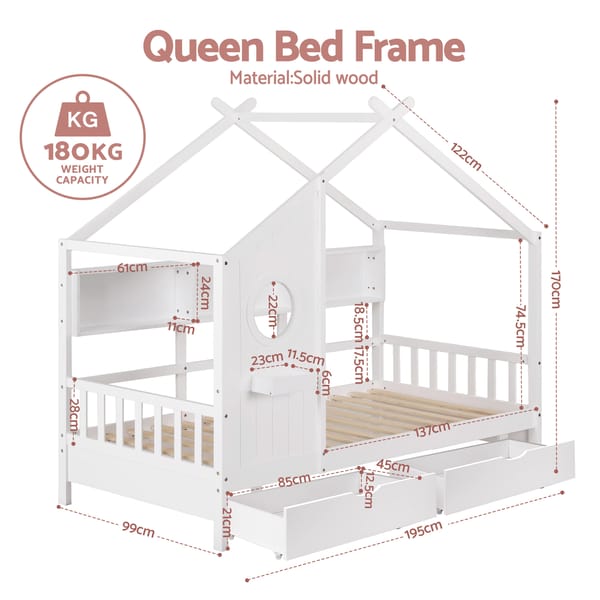 Artiss Kids Single Bed Frame with 3 Storage Bookcase & 2 Drawers House Bed Solid Wood WBED-F-DREGO-S-WH-DRAW