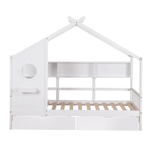 Artiss Kids Single Bed Frame with 3 Storage Bookcase & 2 Drawers House Bed Solid Wood WBED-F-DREGO-S-WH-DRAW