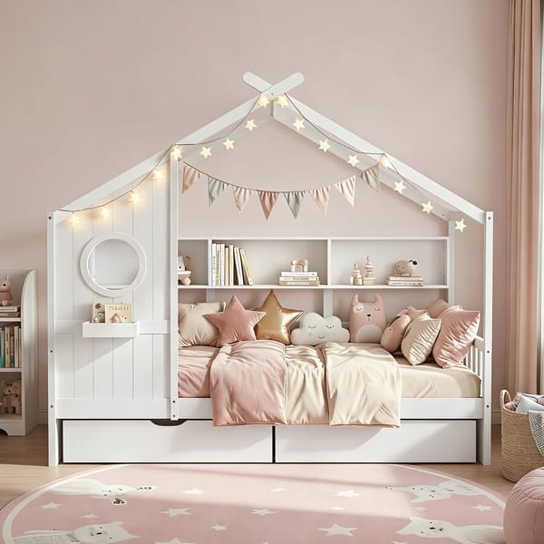 Artiss Kids Single Bed Frame with 3 Storage Bookcase & 2 Drawers House Bed Solid Wood WBED-F-DREGO-S-WH-DRAW