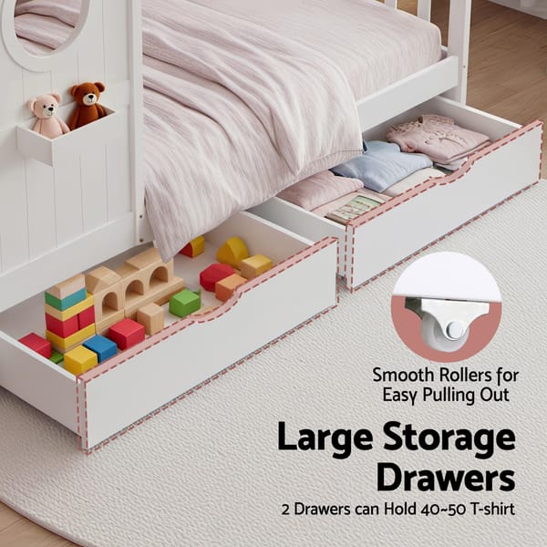 Artiss Kids Single Bed Frame with 3 Storage Bookcase & 2 Drawers House Bed Solid Wood WBED-F-DREGO-S-WH-DRAW
