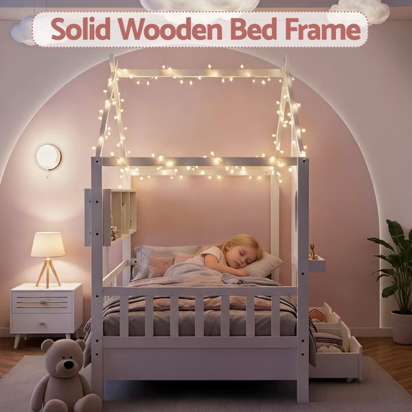 Artiss Kids Single Bed Frame with 3 Storage Bookcase & 2 Drawers House Bed Solid Wood WBED-F-DREGO-S-WH-DRAW