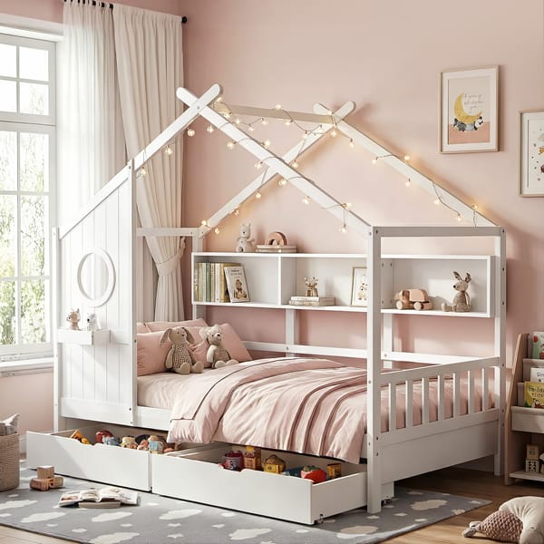 Artiss Kids Single Bed Frame with 3 Storage Bookcase & 2 Drawers House Bed Solid Wood WBED-F-DREGO-S-WH-DRAW