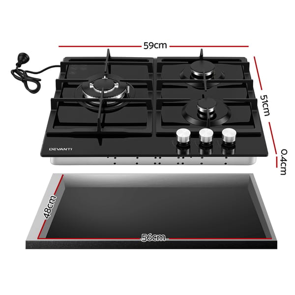 Devanti 59cm Gas Cooktop 3 Burner Knob Control Glass Hob Cast Iron Black CT-GAS-3B-BK