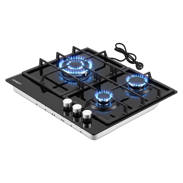 Devanti 59cm Gas Cooktop 3 Burner Knob Control Glass Hob Cast Iron Black CT-GAS-3B-BK