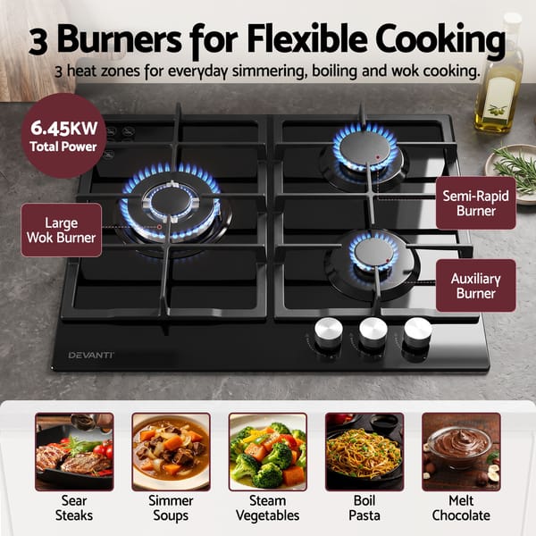 Devanti 59cm Gas Cooktop 3 Burner Knob Control Glass Hob Cast Iron Black CT-GAS-3B-BK