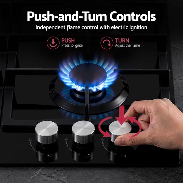 Devanti 59cm Gas Cooktop 3 Burner Knob Control Glass Hob Cast Iron Black CT-GAS-3B-BK