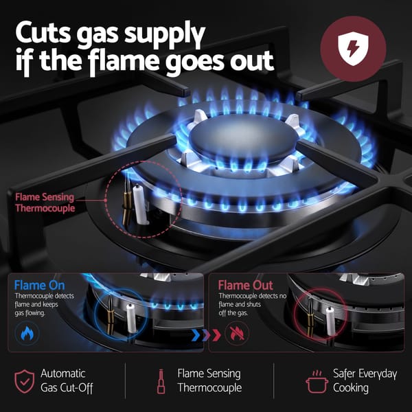 Devanti 59cm Gas Cooktop 3 Burner Knob Control Glass Hob Cast Iron Black CT-GAS-3B-BK
