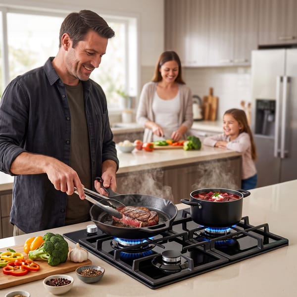 Devanti 59cm Gas Cooktop 3 Burner Knob Control Glass Hob Cast Iron Black CT-GAS-3B-BK