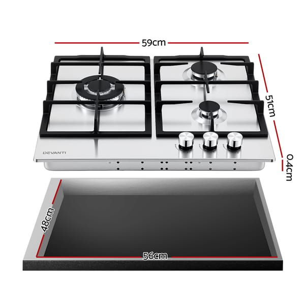 Devanti 59cm Gas Cooktop 3 Burner Knob Control Stainless Steel Hob Silver CT-GAS-3B-SS