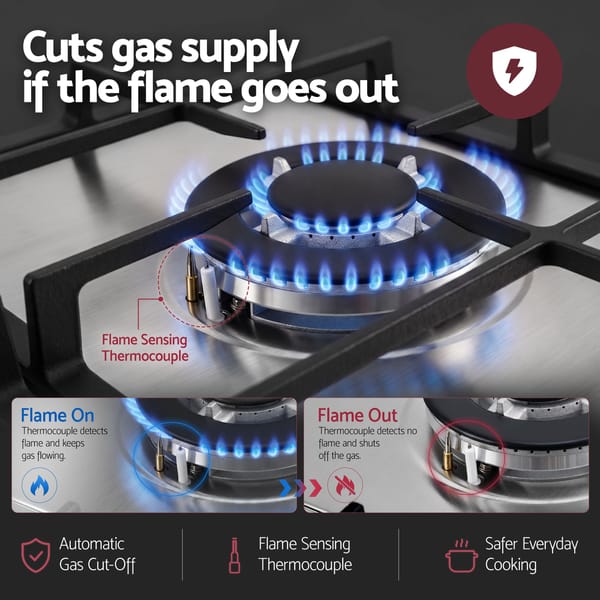 Devanti 59cm Gas Cooktop 3 Burner Knob Control Stainless Steel Hob Silver CT-GAS-3B-SS