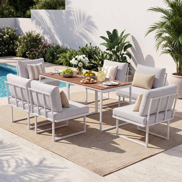 Gardeon 6 Seater Outdoor Dining Sofa Set Steel Frame Cushions White FF-DINING-7SOFA-WH-ABCD