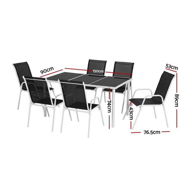 Gardeon 7 Piece Outdoor Dining Set Steel Textilene Patio Furniture Table and Chairs Black FF-DINING-7TEX-BK-AB