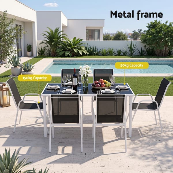 Gardeon 7 Piece Outdoor Dining Set Steel Textilene Patio Furniture Table and Chairs Black FF-DINING-7TEX-BK-AB