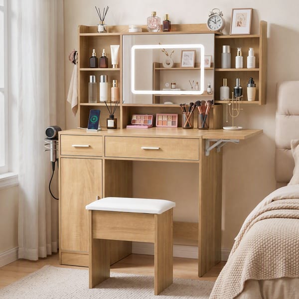 Artiss Dressing Table Vanity Desk Set Stool LED Charging Station Wood FUR-AG-DRESS01N-WD-AB