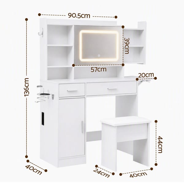 Artiss Dressing Table Vanity Desk Set Stool LED Charging Station White FUR-AG-DRESS01N-WH-AB