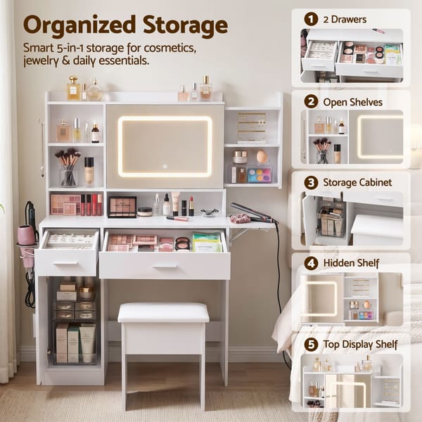 Artiss Dressing Table Vanity Desk Set Stool LED Charging Station White FUR-AG-DRESS01N-WH-AB