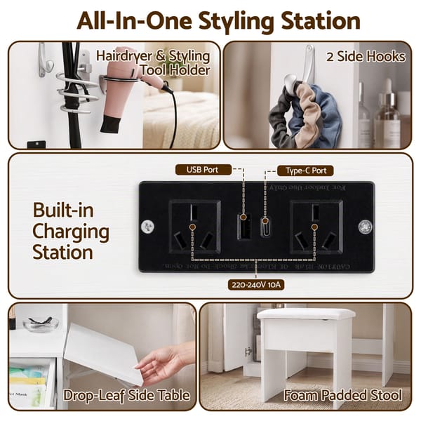 Artiss Dressing Table Vanity Desk Set Stool LED Charging Station White FUR-AG-DRESS01N-WH-AB
