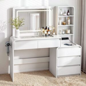 Artiss Dressing Table Makeup Vanity Desk LED Mirror Drawers Charging Station Curved Edge White FUR-AG-DRESS03N-WH-AB
